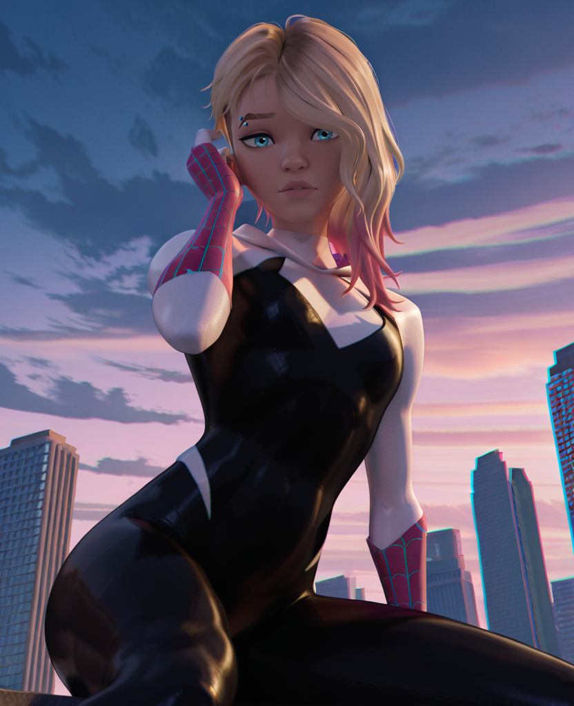 masterpiece, best quality, amazing quality, highres, absurdres, 3d, chromatic aberration, scenery, skyscraper,  clouds, sky, <lora:Gwen_Stacy_Spider_Verse_IILUS:0.8> , gwen1, 1girl, solo,  blue eyes, eyebrow piercing, blonde hair, asymmetrical hair, undercut, two-tone hair, pink hair, medium hair, skin tight,  bodysuit, superhero, spider web print, hood down, looking at viewer, from below, sitting, hand on hair, hair over one eye,
