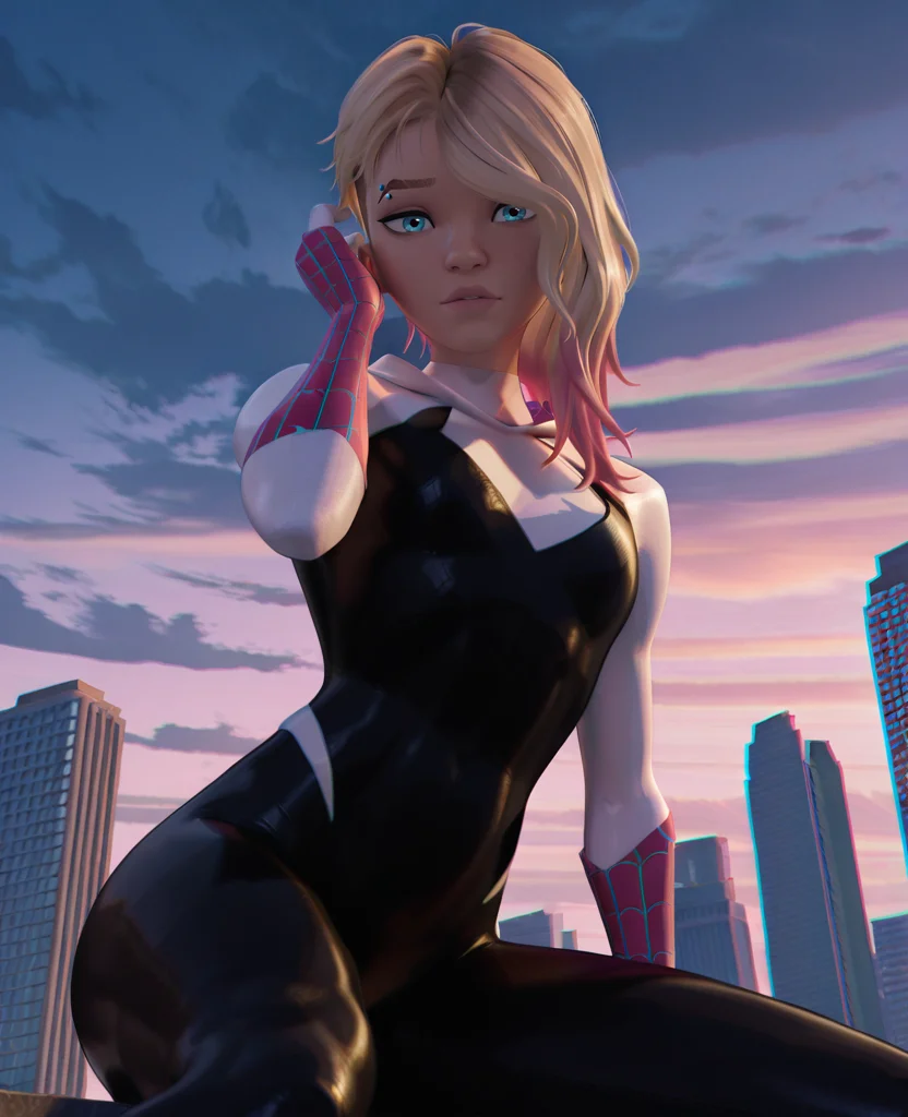 masterpiece, best quality, amazing quality, highres, absurdres, 3d, chromatic aberration, scenery, skyscraper, clouds, sky, <lora:Gwen_Stacy_Spider_Verse_IILUS:0.8> , gwen1, 1girl, solo, blue eyes, eyebrow piercing, blonde hair, asymmetrical hair, undercut, two-tone hair, pink hair, medium hair, skin tight, bodysuit, superhero, spider web print, hood down, looking at viewer, from below, sitting, hand on hair, hair over one eye,