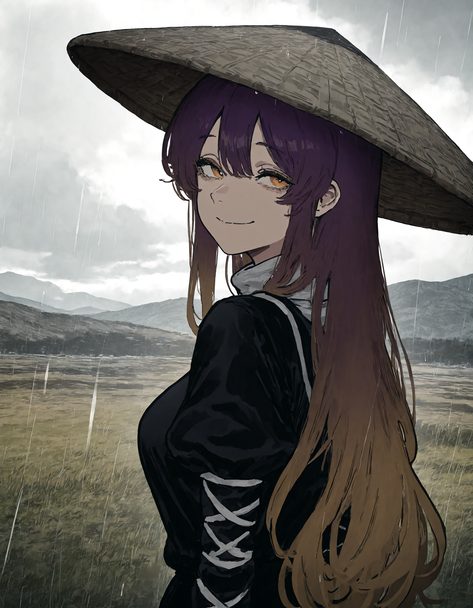1 girl,, hijiri_byakuren, ajirogasa, brown_hair ,closed_mouth ,cloud, cloudy_sky ,grass ,grey_hat ,hair_between_eyes, hat, long_hair ,looking_at_viewer, looking_back ,orange_eyes ,outdoors ,overcast, rain ,sky ,smile ,solo, upper_body,
, munakata_(sekimizu_kazuki),dekosukentr ,ireading,kubo_tite_(style) ,remyaruku65, sokura_(mochichitose),
,masterpiece, best quality, newest, absurdres, highres,
, <lora:add-detail-xl:0.5>,  <lora:USNR STYLE_XL_loha:0.6>, <lora:cfg_scale_boost:0.4>,