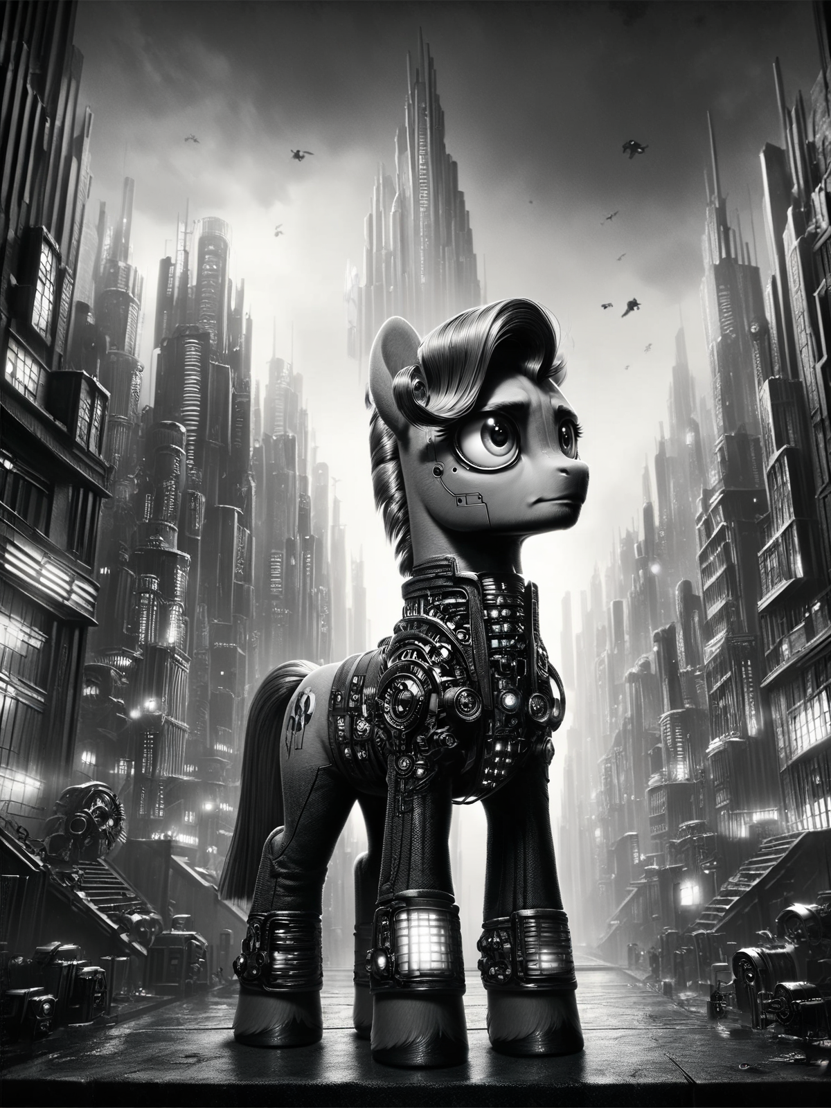 score_9, score_8_up, score_7_up, pony,  futuristic, stylized, art deco, expressionist, 1920s, black and white <lora:Metropolis_Movie_Style_Pony:1>
