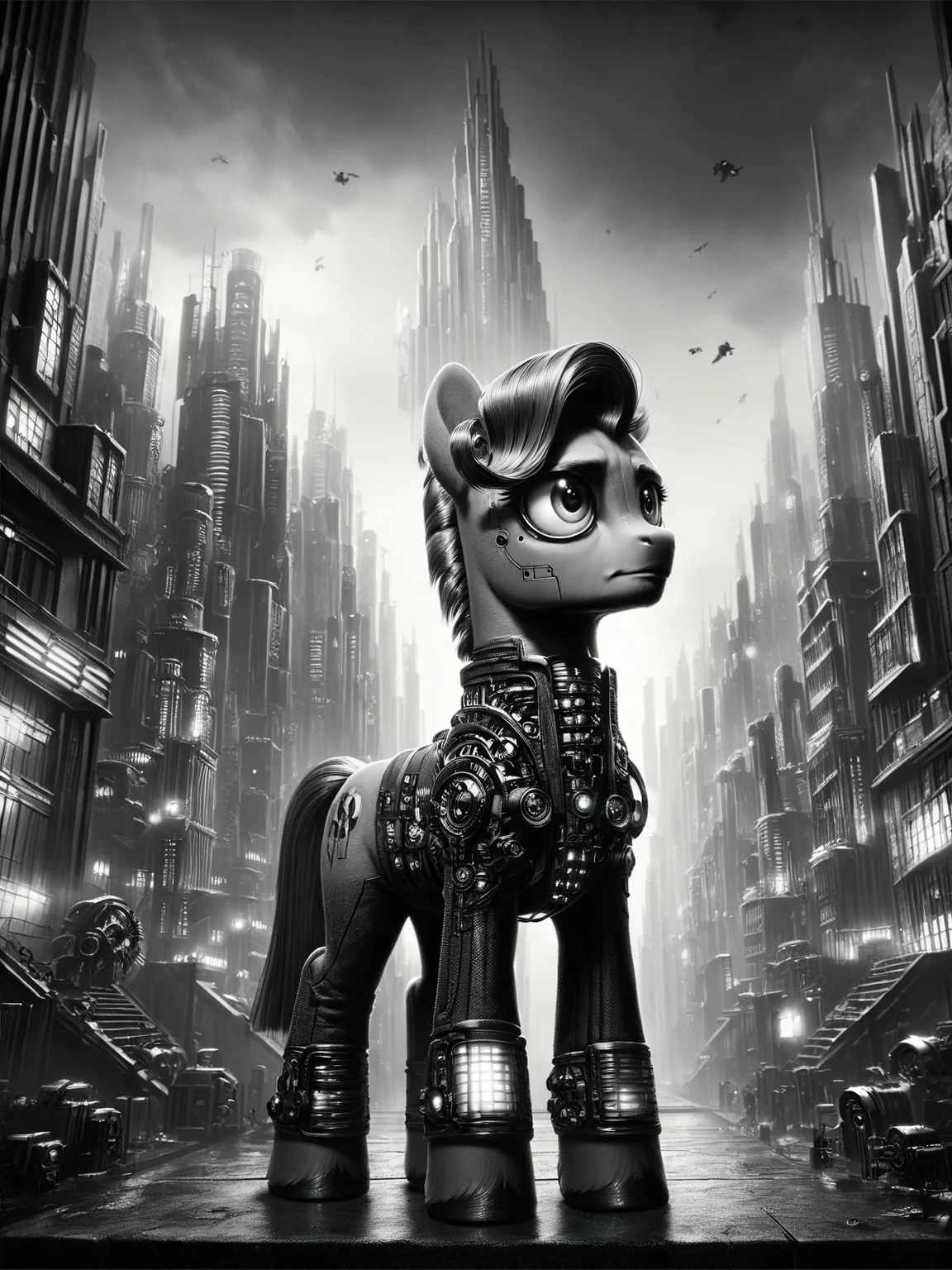 score_9, score_8_up, score_7_up, pony,  futuristic, stylized, art deco, expressionist, 1920s, black and white <lora:Metropolis_Movie_Style_Pony:1>