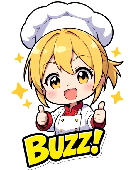 emoticonstyle, thumbs_up, 'BUZZ!' text, 1girl, solo, chef, white background <lora:EmoticonStyle:1>