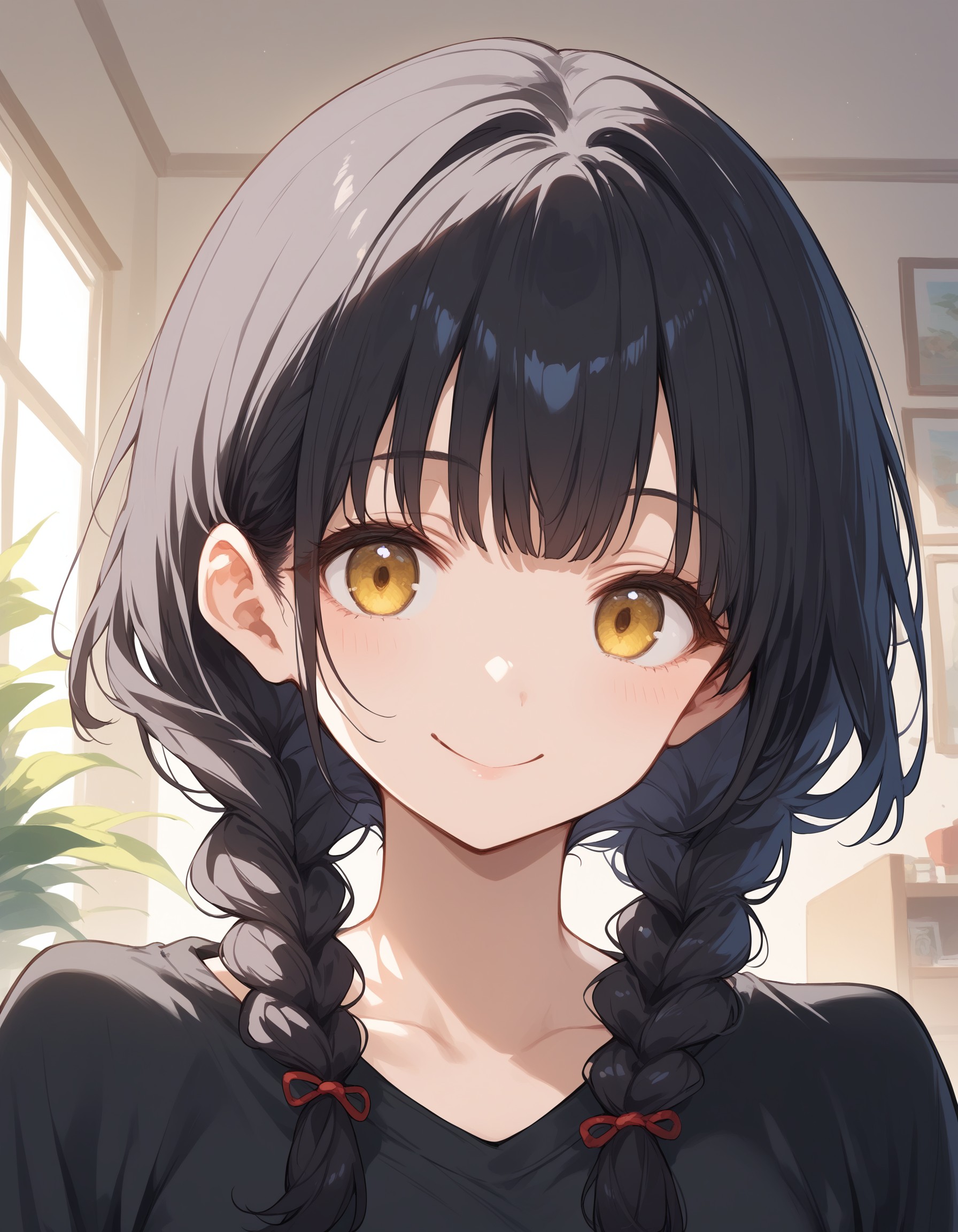 score_9, score_8_up, score_7_up, score_6_up, source_anime,
1girl, yellow eyes, black hair, medium hair, medium bangs, twin braids, hair over shoulder,
smile,
black sweatshirt
indoors, living room, close-up, portrait