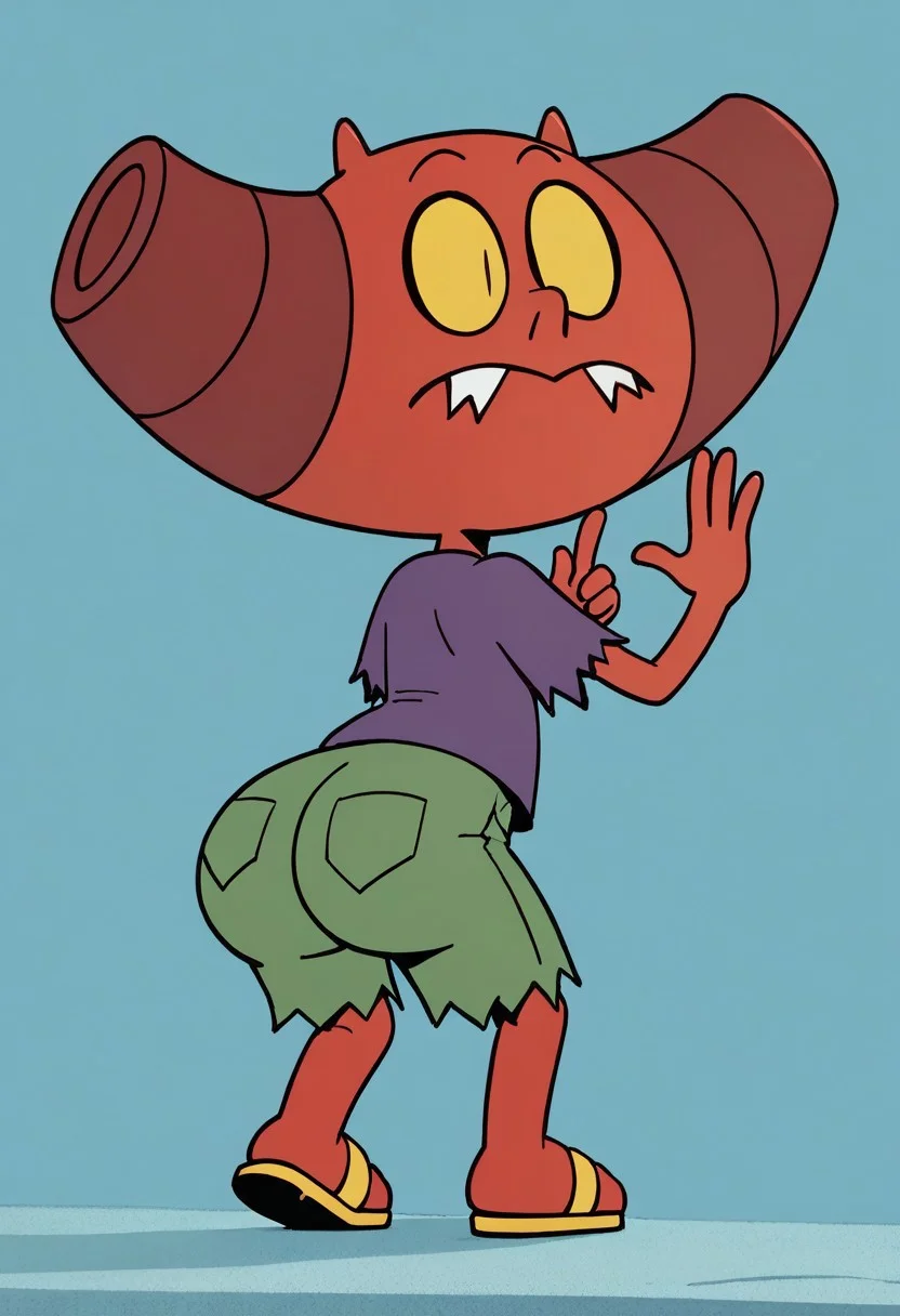 (score_9 | score_8_up | score_7_up) ((masterpiece:1))(best quality,very high quality,ultra detailed:1.2) (2D,cartoon style,anime style)(Smooth:2)(clean blurring) (four fingers on each hand,one thumb on each hand:1), Courtney, solo, short, no human, 1girl, impish, demon, red skin, small pointed nose, pointed tail, yellow eyes, slit pupils, two small horns, two large curved horns on sides of her head, pair of deformed fangs, oversized, purple t-shirt, ripped sleeves, green shorts, ripped bottoms, yellow sandals, SB99 style, butt, mega butt