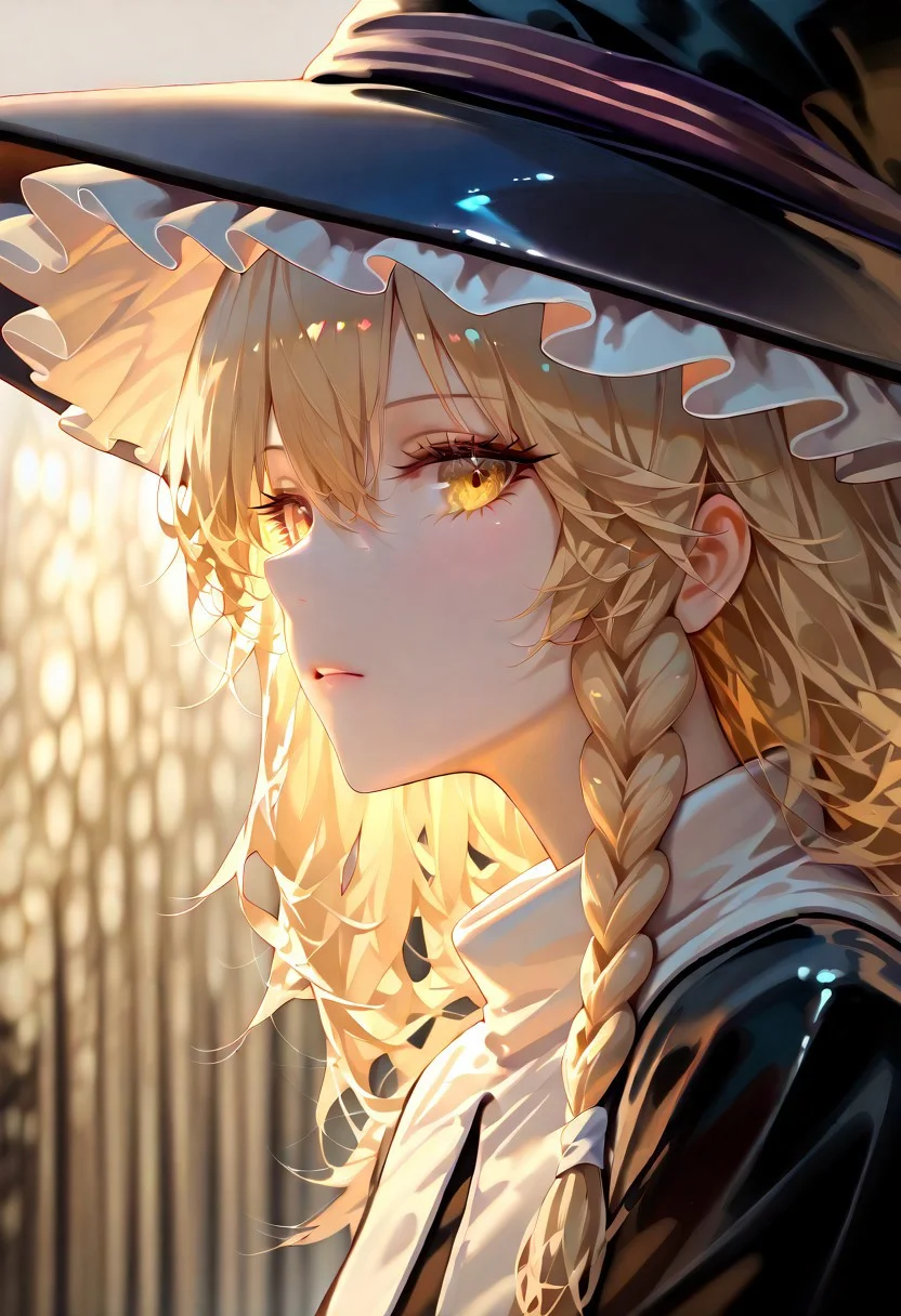 kirisame_marisa,touhou,"kirisame marisa, touhou","1girl, yellow eyes, blonde hair, long hair, single braid, witch hat",, miv4t,suzumi \(ccroquette\),torino aqua, {{beautiful detailed face}}, realistic, {{aesthetic}}, {{{best quality}}}, stunning, very vibrant, looking at viewer, looking at viewer, side view, upper body, bright, warm, reflect light, masterpiece, best quality, very aesthetic, elegant, close-up, pureerosface_v1, upper body, leaning, professional lighting, (((masterpiece,best quality,newest,absurdres,highres)))
