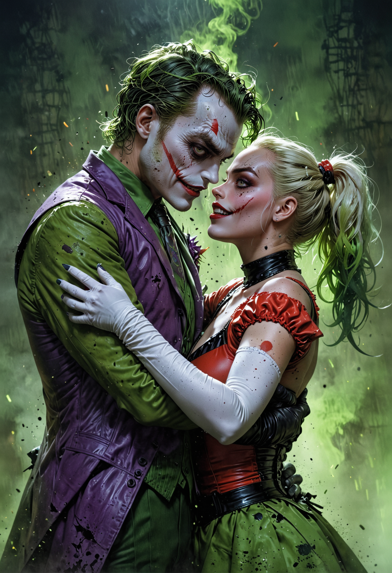 In a swirling cloud of toxic green, the doomed dance of the Joker and Harley Quinn unfolds. Their twisted love story is reflected in their eerie, poison-tinged auras, sending a shiver down the spine of anyone who dares to witness their chaotic chemistry. This haunting image captures a moment of tension and passion between the two iconic characters from the DC universe. The scene is depicted in a beautifully detailed painting, showcasing the intricate details of their costumes and expressions. The vibrant colors and dynamic composition add depth and emotion to the portrayal, making it a truly unforgettable piece of art.
 <lora:EpicF4nta5yXL:0.8>
