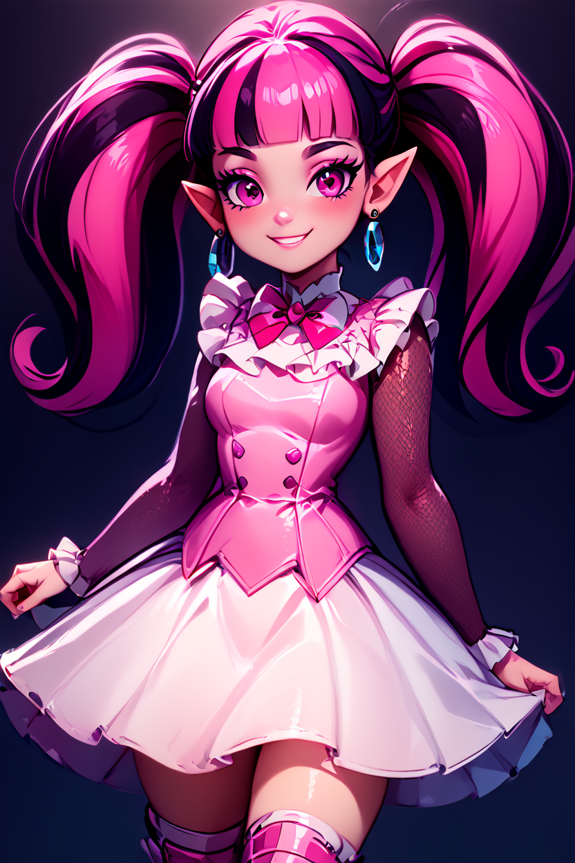 score_9, score_8_up, score_8, medium breasts, (curvy), cute, eyelashes,       BREAK, , draculaura, solo, twintails, multiclored hair, pink hair, black hair, pink eyes, pointy ears, earrings, fishnet sleeves, frilled sleeves, long sleeves, blunt bangs, monster high, pink vest, white skirt, pink knee boots, <lora:Draculaura_P1:1.0>, , BREAK, closed mouth, alternate costume, smile, looking at viewer, blush,  zzLFashion, frilled dress, frills, bow, dress, striped thighhighs, sweetL, cowboy shot,  embedding:zPDXL, Expressiveh,  <lora:Vivid:0.7>,  <lora:LFashionPDXL:1>,  <lora:Uncensored_PonyXL_cpt_v02.09:0.4>,  <lora:Expressive_H-000001:0.4>,
