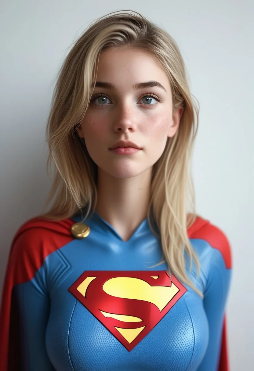 score_9, score_8_up, score_7_up, score_6_up, realistic, photorealism, high definition, detailed, 1girl, solo, cute face, round face, petite body, blonde hair, long hair, clear eyes, freckles:0.5, natural saggy:1.2 breasts, large breasts, very cute, cute:1.2, supergirl outfit, full bady, simple backgraund,