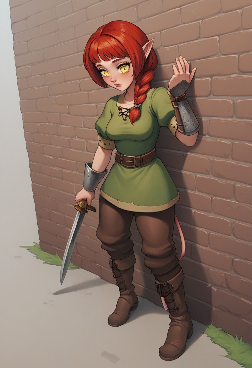 score_9, score_8_up, score_7_up, extremely detailed, 1girl, tiefling, light purple skin, yellow eyes, slender, medium breasts, long messy red hair, braided twintails, bangs, wearing a short green tunic, brown leather wristguards, brown leather cuffed boots, leaning against wall, medieval town alleyway, hattiezazu