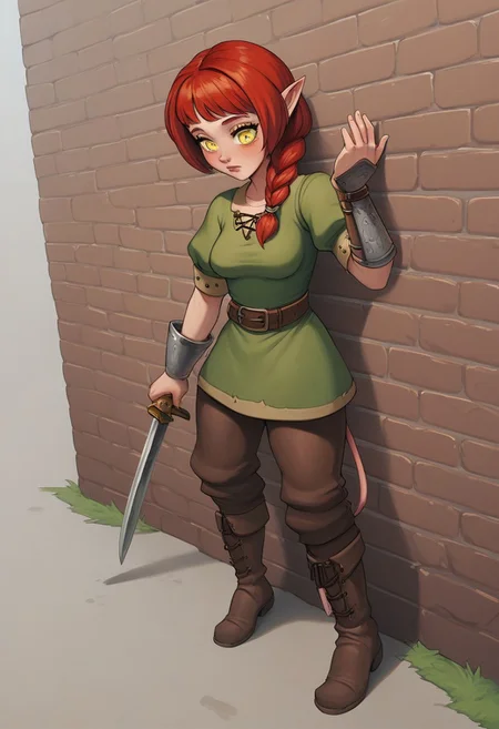 score_9, score_8_up, score_7_up, extremely detailed, 1girl, tiefling, light purple skin, yellow eyes, slender, medium breasts, long messy red hair, braided twintails, bangs, wearing a short green tunic, brown leather wristguards, brown leather cuffed boots, leaning against wall, medieval town alleyway, hattiezazu