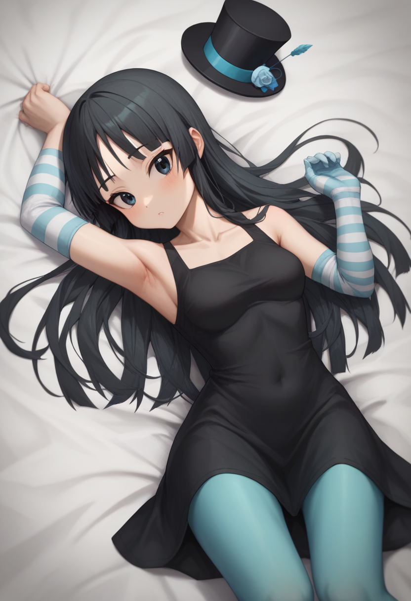 score_9,score_8_up,score_7_up,<lora:akiyama_mio_pony:1>,black_hat,on_back,single_glove,bed_sheet,striped_gloves,1girl,don't_say_"lazy",highres,aqua_gloves,armpits,elbow_gloves,black_dress,mini_top_hat,official_alternate_costume,looking_at_viewer,solo,collarbone,aqua_pantyhose,striped_clothes,absurdres,akiyama_mio,