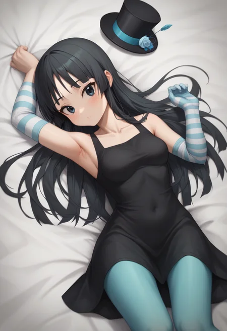 score_9,score_8_up,score_7_up,<lora:akiyama_mio_pony:1>,black_hat,on_back,single_glove,bed_sheet,striped_gloves,1girl,don't_say_"lazy",highres,aqua_gloves,armpits,elbow_gloves,black_dress,mini_top_hat,official_alternate_costume,looking_at_viewer,solo,collarbone,aqua_pantyhose,striped_clothes,absurdres,akiyama_mio,