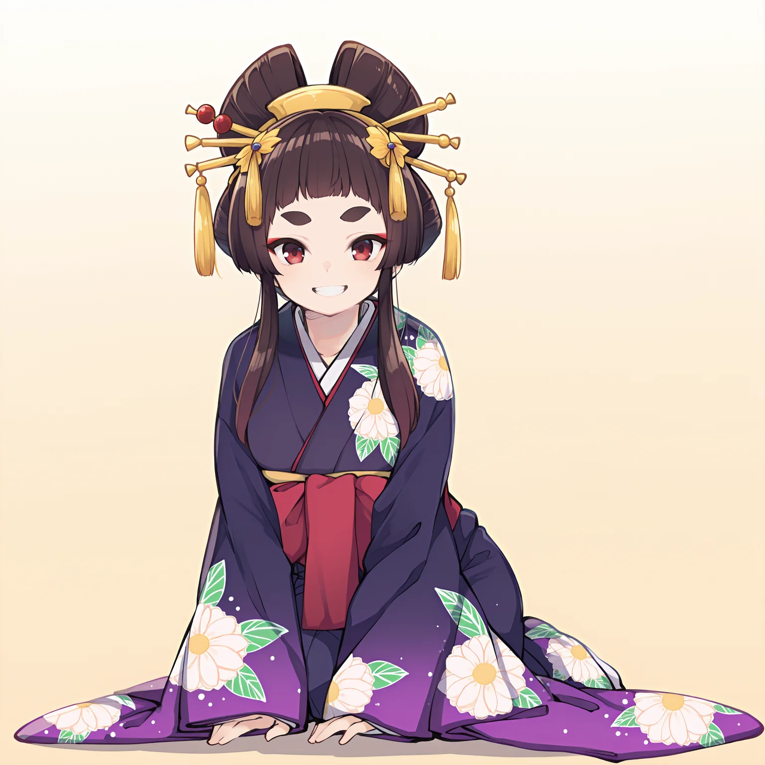 (masterpiece), (best quality), (ultra-detailed), (best illustration), (best shadow), (absurdres), (detailed background), (very aesthetic), 1girl, solo, <lora:Kuranami_Shiki:1>, kurashiki, red eyes, thick eyebrows, long hair, brown hair, <lora:oiran_illustrious_V1.0:1>, oiran, hair ornament, japanese clothes, kimono, floral print, kanzashi, makeup, full body, sitting on floor, gradient background, looking at viewer, smile with teeth, peace sign