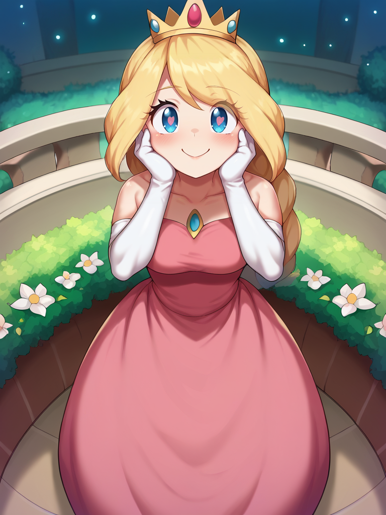 score_9, score_8_up, score_7_up, 1girl lay on balcony, princess pink dress, elbow gloves, blue eyes, crown, single braid, long skirt, medium breasts, looking at viewer, dynamic angle, cowboy shot, cute, hands on face, hand on own cheek, cute pose, smile, blush, wide shot, sparkling eyes, magic vibes, bangs, floating hair, from above, vegetation, flowers, magic particles,
<lora:ABfuraiPony_stye:1>,AbfuraiXL