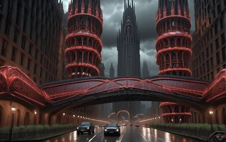 bridcity, It's dark, so dark, I look sitting on some part of this megalopolis, I look at these immense and black buildings, these dark red lights weakly illuminating the streets, the passers-by, the shops, I look at this maze of bridges nested one on top of the other, this chaos impresses me and panics me, I look at other people who like me ... look too, I don't know anything about this place but I was born there, I lived there all my life but it's too big, excessive, endless. There is only one thing I understood, the soul of this megalopolis is darker than mine. hdr, bridges between buildings, bridge's buildings, street, sign, floor lamp, ground vehicles, car, crowded, city ââlandscape, very intricate buildings, neo gothic skyscraper, very high bridge, dark atmosperen, by night, cloudy, rainy, storm, lightening, 8k masterpiece, intricate details, deep of fields <lora:Bridges-city:1.4> <lora:Add_Details_v1.2:1.9> <lora:jianzhu:1> <lora:AARG_aerial:1> <lora:City_Worlds_01_Effects:1.9> <lora:EnvyElvishArchitectureXL01:1.1> <lora:lora-oop.000009.TA_trained (1):1.9> <lora:PAseerCloudV1:1> <lora:Sci-fi_env_flux:1.9>