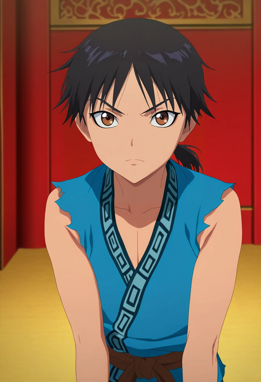 masterpiece, best quality, , anime screencap, , , looking at viewer, , 1boy, solo, male focus, <lora:xin_kingdom_ilxl:0.94>, xin_kingdom, black hair, brown eyes, short hair, low ponytail, (aged down:0.4), , ,