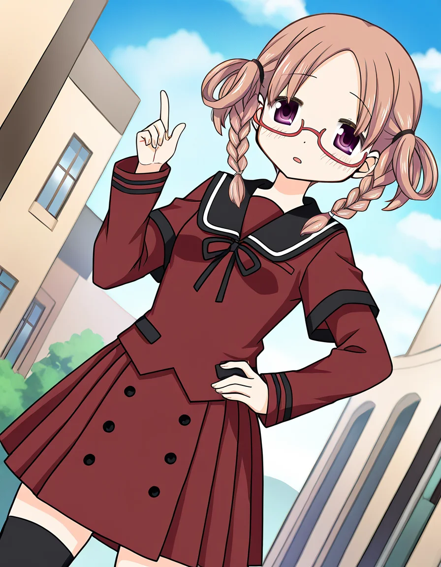 masterpiece, best quality, newest, absurdres, highres, safe, 1girl, hiiragi nemu \(school uniform\), magia record: mahou shoujo madoka magica gaiden, black thighhighs, outdoors, dutch angle, <lora:hiiragi_nemu_noobaiXLNAIXL_vPred10Version:0.7>