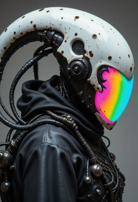 enistyle, A monochrome Vintage Closeup Portrait of the helmet depicting a imposing, Pristine White Sci-fi knight,. intricate Closeup of His perfect designed translucent helmet and armor, The cloak is draped over a black, with exposed wires and mechanical parts visible at her shoulders.. The Warrior is covered in long, dark, sinuous tendrils that resemble tentacles, emerging from its back and wrapping around its arms, adding a menacing, alien quality. These tendrils are covered in small, metallic hooks and are attached to the figure's back, creating a chaotic, almost monstrous appearance. Her helmet is a futuristic, with multiple lines suggesting motion or energy discharges. bleaked neon pink, Green, blue, orange atmospheric neon lighting,