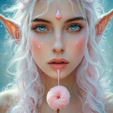 A surrealist close-up painting of a young elf, their lips cracked open as if split by time or thirst. From the cracked mouth, delicate strands of cotton candy begin to grow outward like flowering flesh. The elf's expression is calm, almost entranced, with pale, ethereal skin and glassy eyes. Background is abstract, hazy and dreamlike, resembling oil on canvas. Emphasize soft lighting, strange textures, and symbolism. Cotton candy is softly colored in pink and blue, floating unnaturally like a growing parasite.
Style tags: surrealism, close-up, oil painting, soft pastel, symbolism, hauntingly beautiful, dreamy textures, flesh and sugar, Dali-inspired