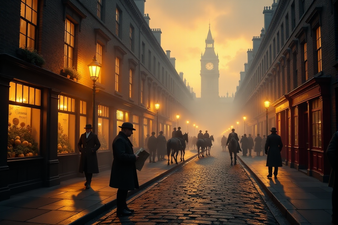 "A cobblestone street in Victorian London at dusk, illuminated by the warm, golden glow spilling from the windows of bustling shops and gas lamps lining the foggy street.  Horse-drawn carriages and pedestrians in period attire navigate the wet stones, their figures softened by the gentle mist. In the foreground, a rosy-cheeked newsboy in a tattered cap hawks the evening papers, his voice echoing softly in the atmospheric air.  Above, the towering silhouettes of grand buildings are just visible through the fog, hinting at both prosperity and mystery. Capture the scene in the style of Thomas Kinkade, emphasizing the warmth of light against the cool, misty evening, using soft, glowing highlights and a rich, inviting color palette of deep reds, browns, and muted golds.  Painterly brushstrokes, detailed textures of cobblestones, brickwork, and fog, cinematic lighting, nostalgic and heartwarming atmosphere, evoking a sense of Victorian charm and Dickensian London at twilight, 8k resolution, oil painting effect, visually stunning and emotionally evocative."âââ