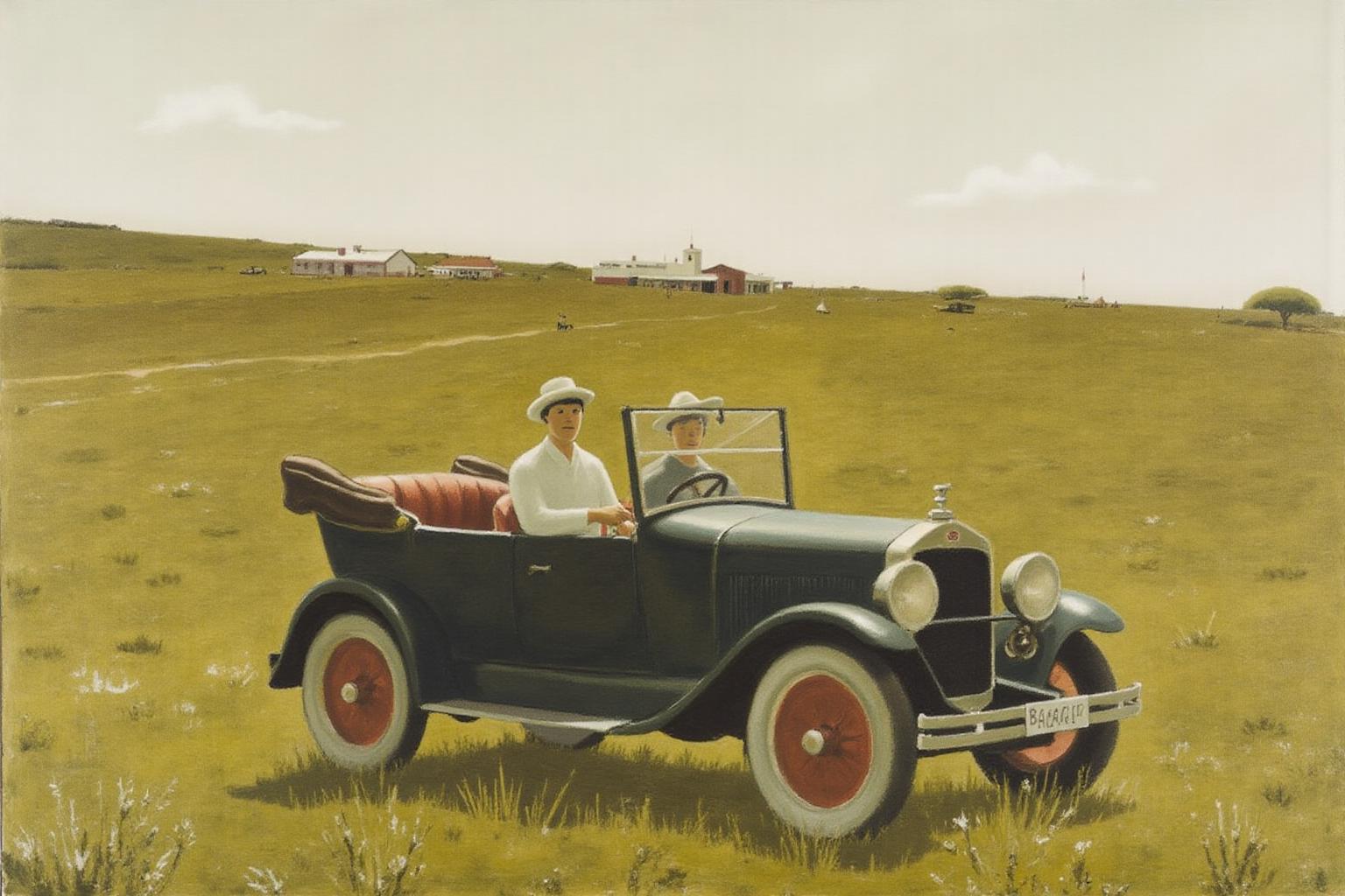 jeanpaullemieux1 painting.
A vintage car is positioned on the left side of an open landscape. Two people are seated in the car. <lora:jeanpaullemieux1_cap_d6a3e8:1.0><lora:841084386456821523:0>