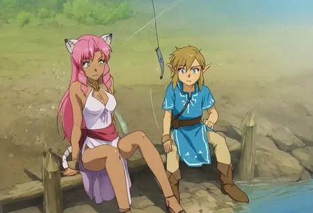 Pink_DragonPink, 1girl, sleeveless dress, white tiger print dress, pelvic curtain, cleavage, white tiger tail, red sash, small breasts, leather shoes, masterpiece, very aesthetic, <lora:pink-illustrious:1>, 
Break
(anime, anime coloring:1.3),1boy,Anime screencap,link (zelda),blonde hair,blue eyes,pointy ears, wearing blue hyilian tunic,
Break
Hyrule field, sunny day, on a lake, sitting at the end of a dock, link (zelda) and Pink_dragonpink fishing at a lake, holding fishing poles, pink_dragonpink pulling up a massive fish from the lake with her fishing pole, link looking at pink in amazement,