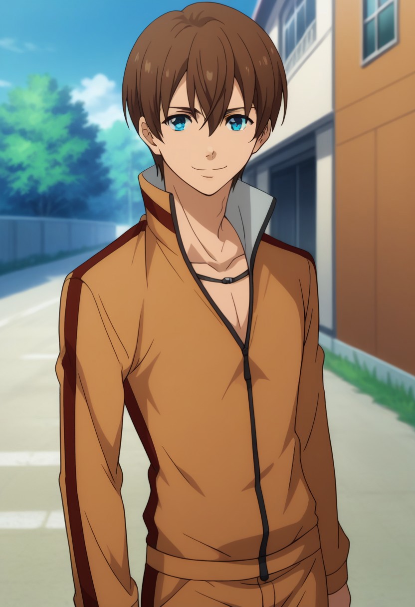 score_9, score_8_up, score_7_up, source_anime, highly detailed, 
kensuke, 1boy, male focus, solo, brown hair, upper body, blue eyes, smile, track suit, standing, looking at viewer, pants, track jacket, orange jacket, orange pants, 
outdoor,