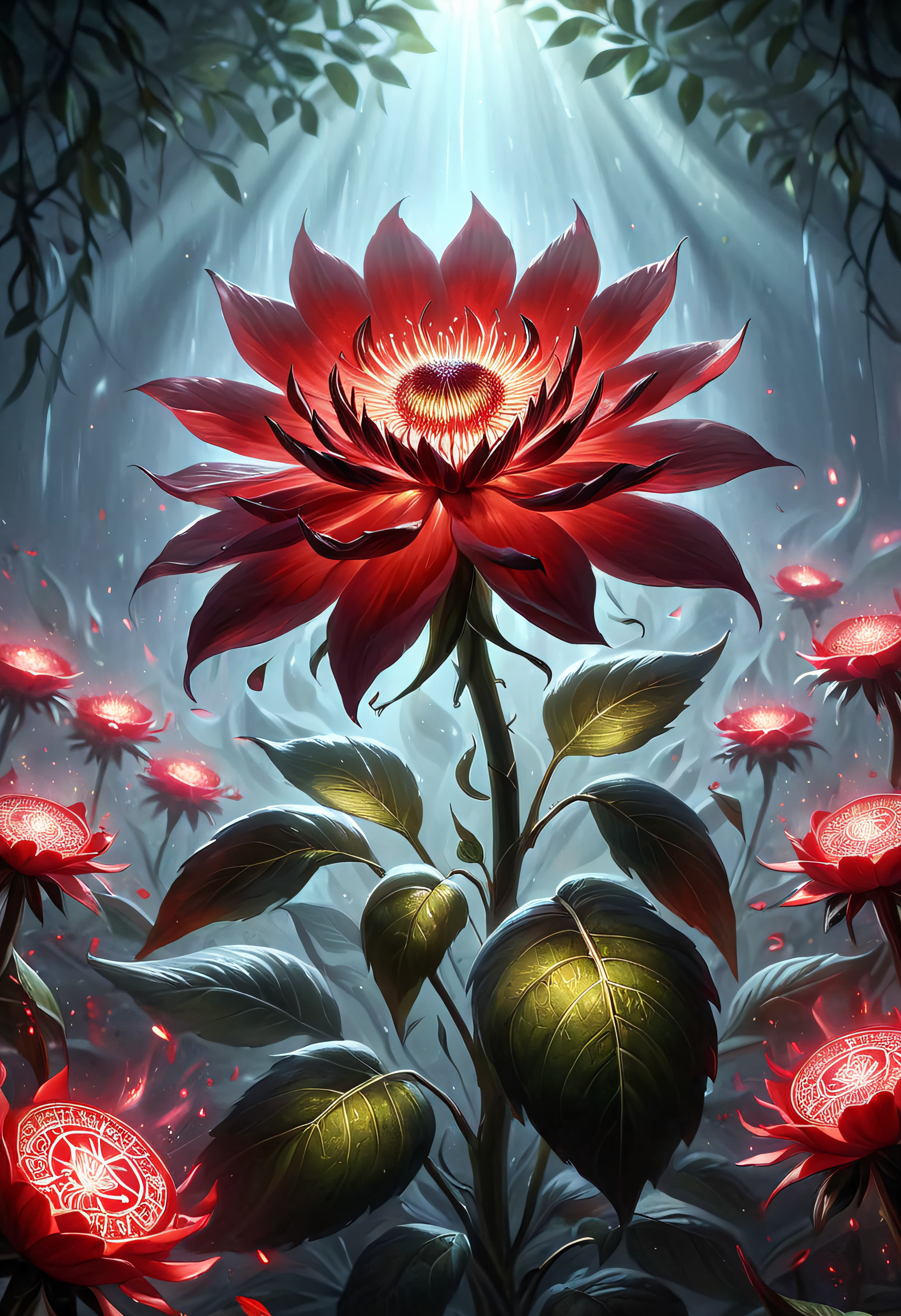 Glowing Runes, a red flower surrounded by glowing runes, concept art realism,