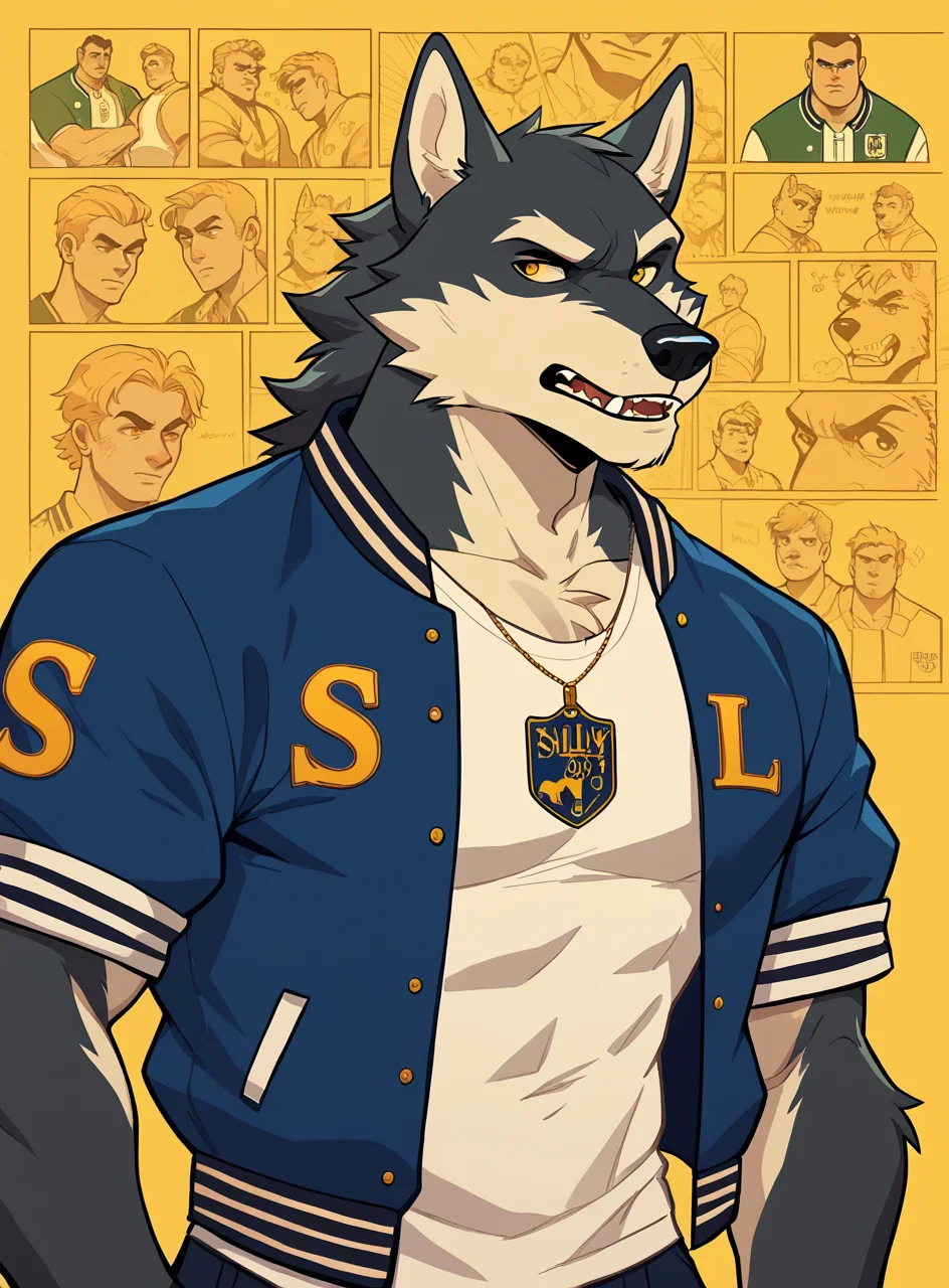 score_9, score_8_up, score_7_up, bullypxl, comic wallpaper, <lora:bullypxl:0.7>, yellow background, warewolf, letterman jacket, wolf boy, furry