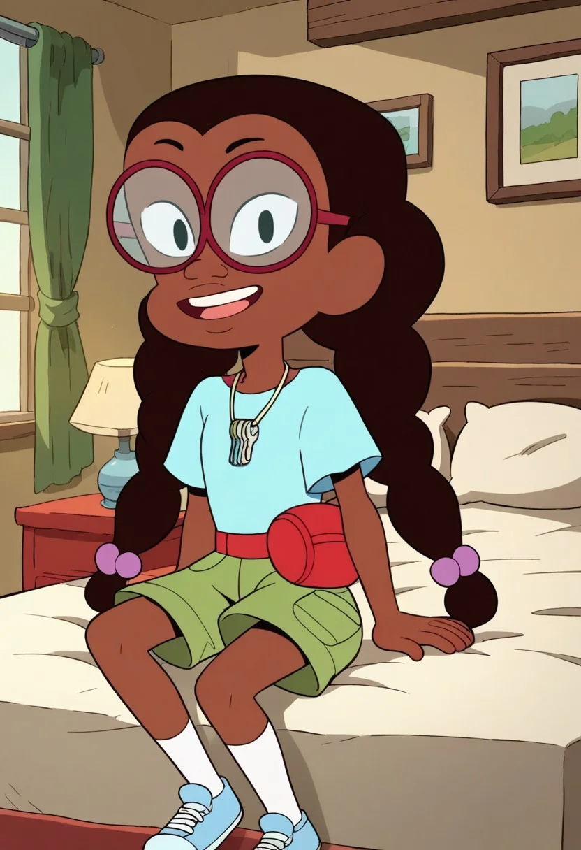 score_8, score_8_up, score_7_up, 1girl, female focus, Solo, Kit_Cotc, black eyes, glasses, brown skin, black eyebrows, dark brown hair, hair braided pigtails, light blue shirt, neck keychain, Green shorts, red fanny pack, White socks, light blue shoes, full body, smile, sitting, indoors, bed, bedroom, nightstand, lamp, window, looking at the viewer, happy