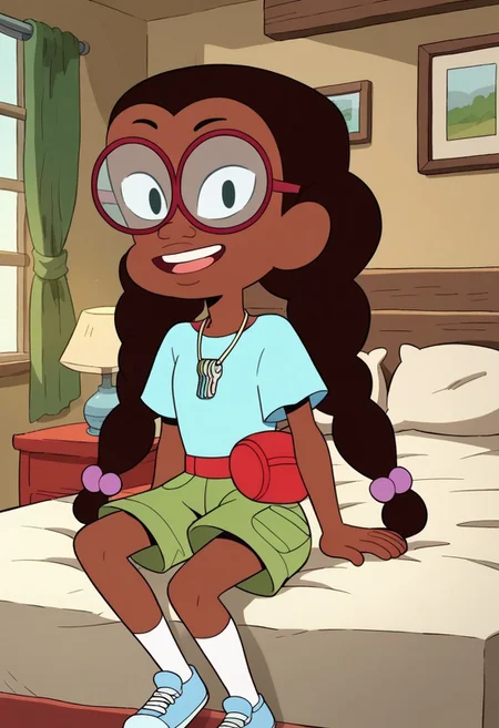 score_8, score_8_up, score_7_up, 1girl, female focus, Solo, Kit_Cotc, black eyes, glasses, brown skin, black eyebrows, dark brown hair, hair braided pigtails, light blue shirt, neck keychain, Green shorts, red fanny pack, White socks, light blue shoes, full body, smile, sitting, indoors, bed, bedroom, nightstand, lamp, window, looking at the viewer, happy