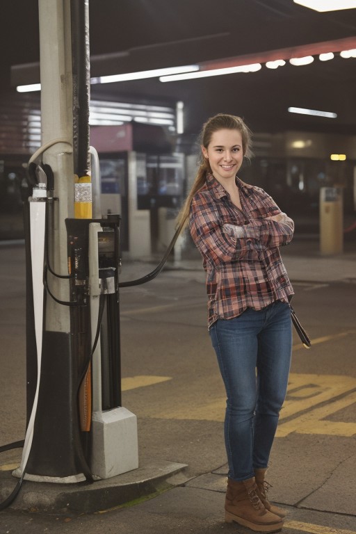 30yo American woman wearing flannel shirt and jeans
Dynamic varying pose.
Gas station. Night time.
Fog.
Dark smooth long hair ponytail. smiling.
Looking at camera.
Full body.