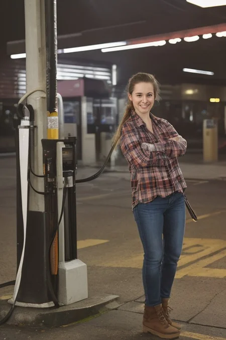 30yo American woman wearing flannel shirt and jeans
Dynamic varying pose.
Gas station. Night time.
Fog.
Dark smooth long hair ponytail. smiling.
Looking at camera.
Full body.