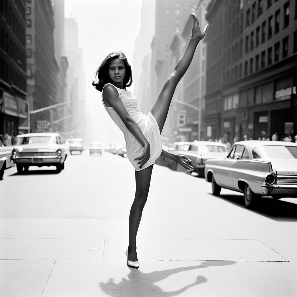 1960s, new york street, haze, young usa woman posing in a strange pose. strong contrast, best proportions, <lora:strange_poses:1>, anatomically correct hands, anatomically correct feet, anatomically correct palms,