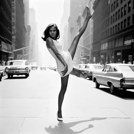 1960s, new york street, haze, young usa woman posing in a strange pose. strong contrast, best proportions, <lora:strange_poses:1>, anatomically correct hands, anatomically correct feet, anatomically correct palms,