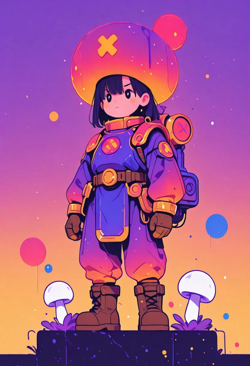 Toad in Power armor, ToadCharacter, adorned with a white mushroom hat featuring vibrant red spots, black eyes shining with determination, clad in blue and yellow Space Marine armor with distressed white rusted leg armor, brown boots, reminiscent of Mark Rothko's bold color palette, Syd Mead's industrial design, and Simon Stalenhag's atmospheric sci-fi landscapes. red and white theme,