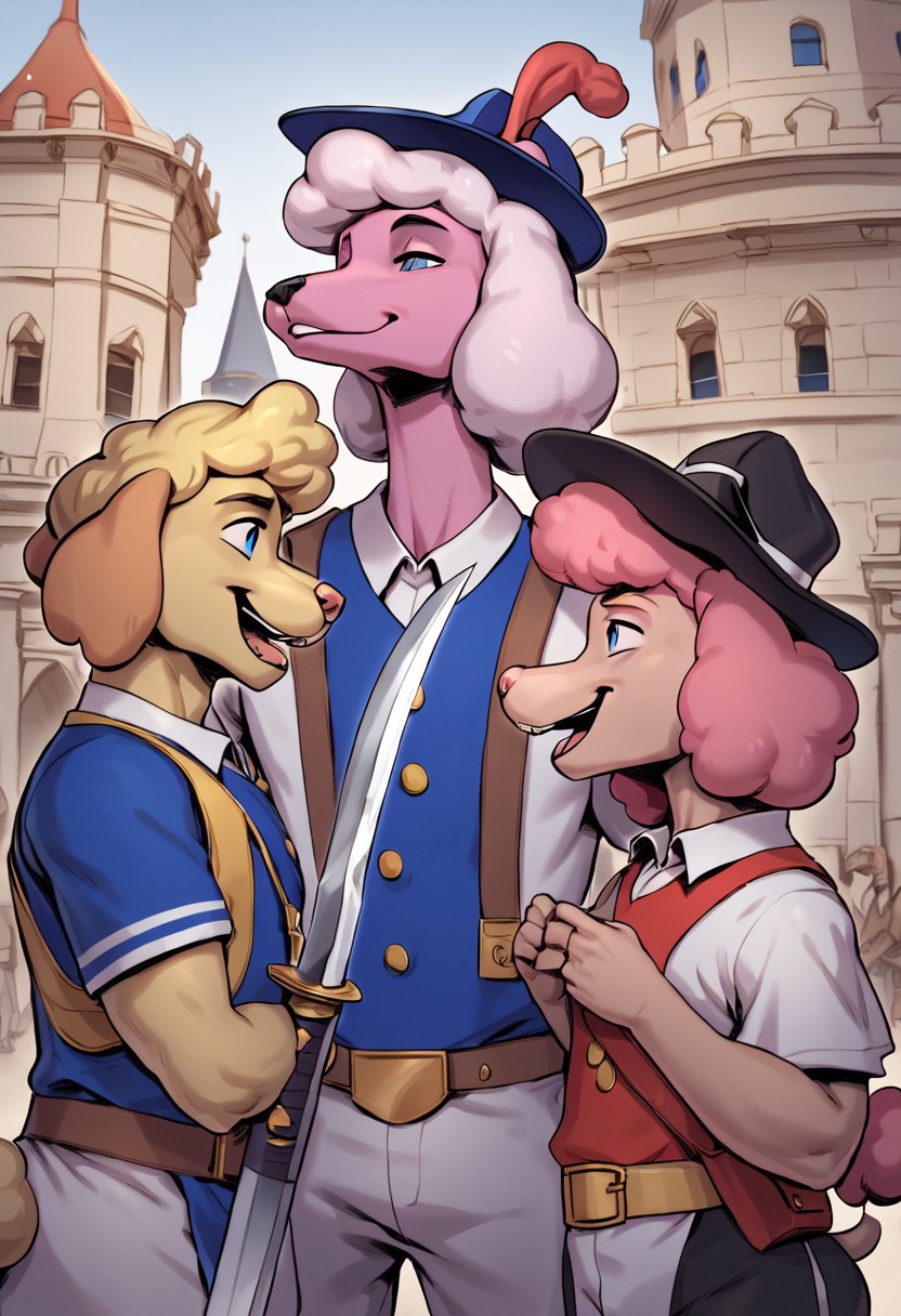 score_9, score_8_up, score_7_up, score_6_up, hires, high quality, perfecteyes, easynegative,  mans, Musketeers,Furry, anthro poodle.poodle,The trio,France,Middle Ages,Sword in hand,near the palace,a clear face,Three-cornered hat