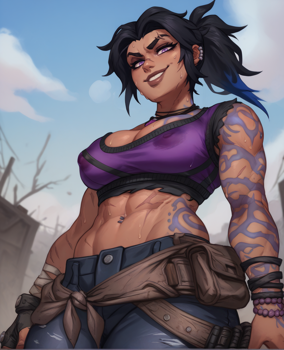 score_9,score_8_up,score_7_up,
Amara,black hair,ponytail,toned,blue left arm tattoo,scars,purple eyes,smug,sweat,covered nipples,see-through shirt,
fingerless glove,piercings,navel,purple crop top,torn clothes,bracelet,pants,necklace,belt,cleavage,
standing,upper body,from below,
wasteland,
wasteland,<lora:Amara:1>,