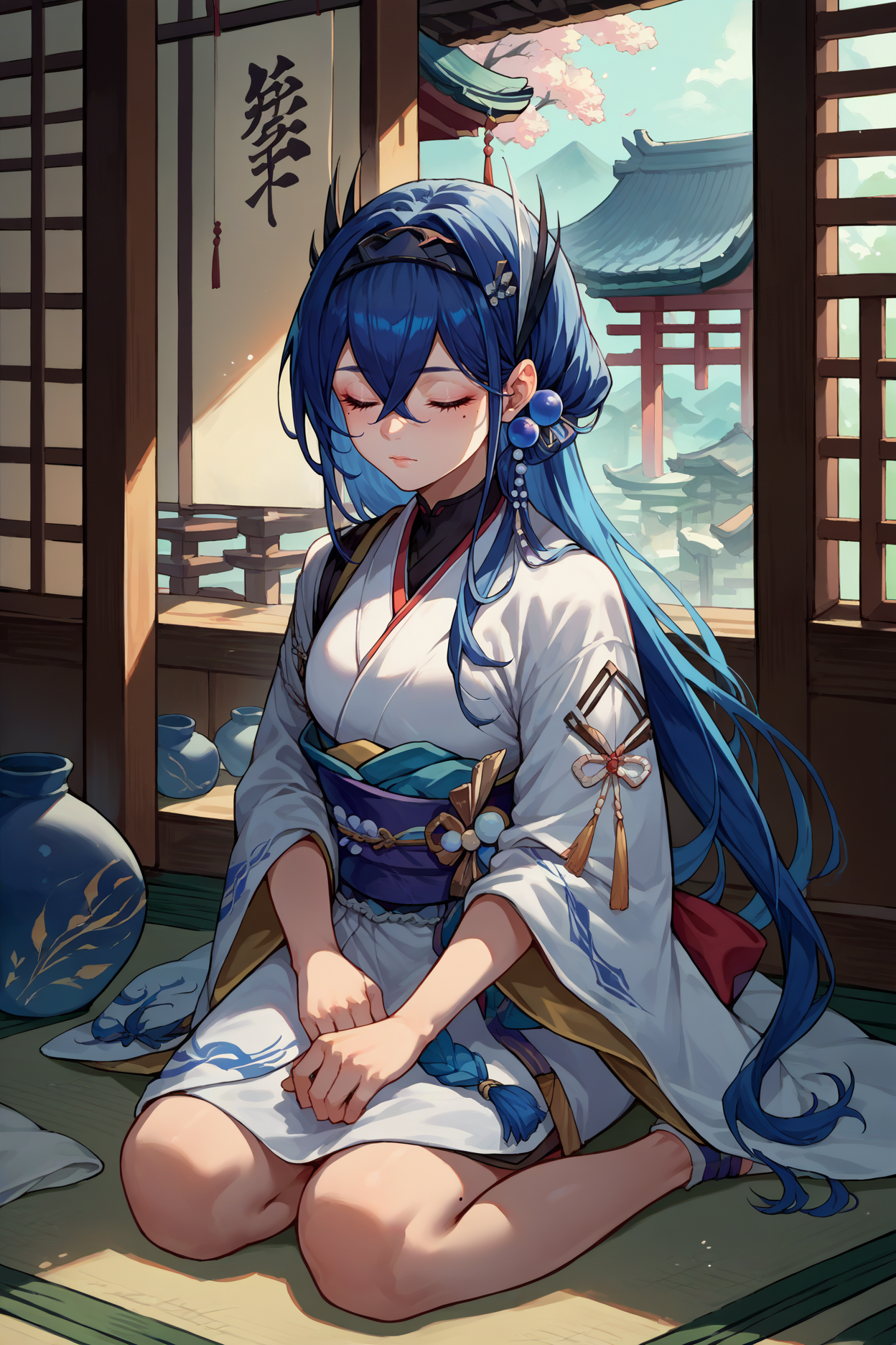 score_9, score_8_up, score_7_up, score_6_up, source_anime, 1girl, solo,   <lora:cantabile-pdxl-nvwls-v1:1> cantabile, dark blue hair, hair between eyes, mole under eye, long hair, hair ornament, hairband, white kimono, japanese clothes, kneeling, sitting, indoors, japanese architecture, closed eyes