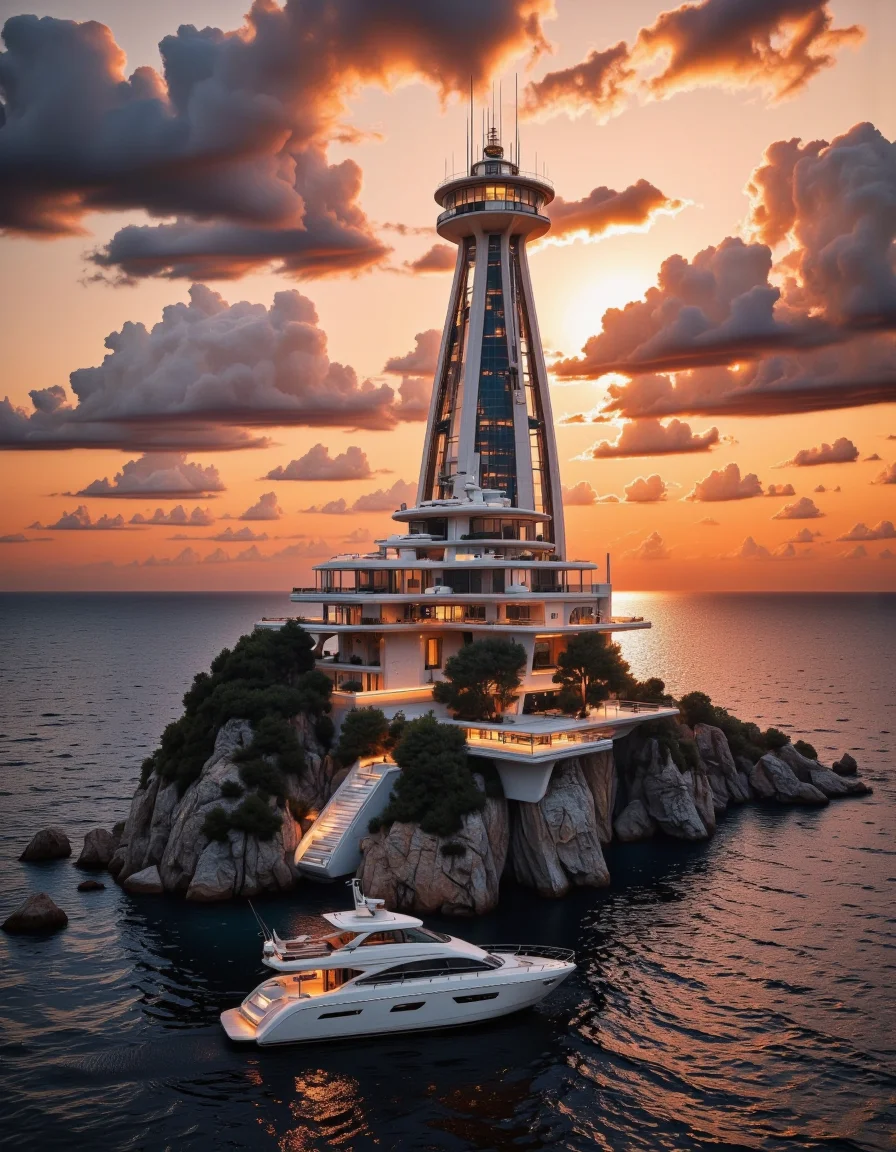 Futura. A photo-realistic shoot from a bird's eye view about a futuristic yacht and lighthouse set against a dramatic sunset backdrop. the image also shows a large, futuristic building resembling a lighthouse, situated on a rocky island in the middle of the image. the building has a sleek, modern design with multiple levels and a flat roof, and is illuminated by warm, orange and pink hues from the setting sun. on the foreground, a small, white yacht is positioned near the building, with the reflection of the sunset shimmering on the water's surface. the sky is filled with fluffy, orange clouds, adding to the dramatic effect of the scene. the overall scene is peaceful and serene, with a sense of luxury and tranquility. <lora:Futura-000005:1>