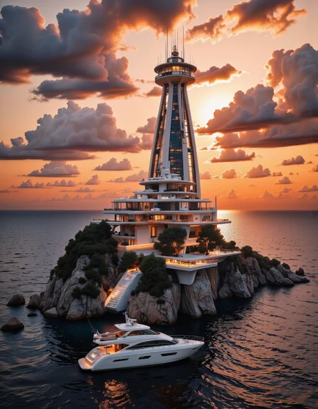 Futura. A photo-realistic shoot from a bird's eye view about a futuristic yacht and lighthouse set against a dramatic sunset backdrop. the image also shows a large, futuristic building resembling a lighthouse, situated on a rocky island in the middle of the image. the building has a sleek, modern design with multiple levels and a flat roof, and is illuminated by warm, orange and pink hues from the setting sun. on the foreground, a small, white yacht is positioned near the building, with the reflection of the sunset shimmering on the water's surface. the sky is filled with fluffy, orange clouds, adding to the dramatic effect of the scene. the overall scene is peaceful and serene, with a sense of luxury and tranquility. <lora:Futura-000005:1>