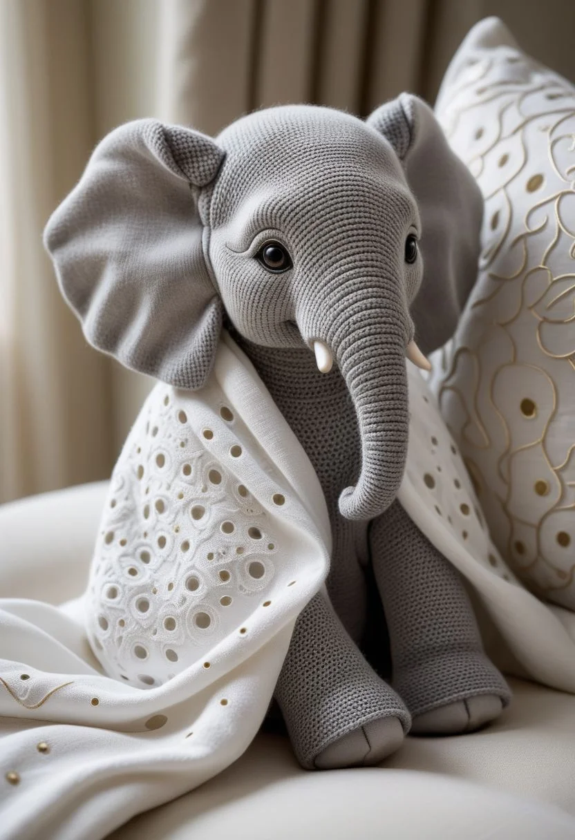 A captivating and intricately detailed close-up of a baby elephant dressed as a ghost. The white blanket is adorned with holes for its eyes and trunk, revealing the soft gray skin beneath. The adorable elephant sits on a pillow at home, with a gleaming gaze and glistening eyes. The whimsical details are inspired by the distinctive styles of Kadir Nelson and Paul Barson, creating a magical and enchanting atmosphere.