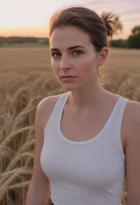 30yo american woman in a wheat field
Small eyes. Brown eyes.
Wearing white tank top. no makeup. Clear skin. realistic skin style
Long dark black slick back hair. No makeup. Dusk, Street light. Looking at camera POV. Slight smile, tilting head.. Tilt head. Hands in head, face, lips.
Medium Close Up shot. Bokeh. Bokeh light. Sunset. yellow, purple sky.