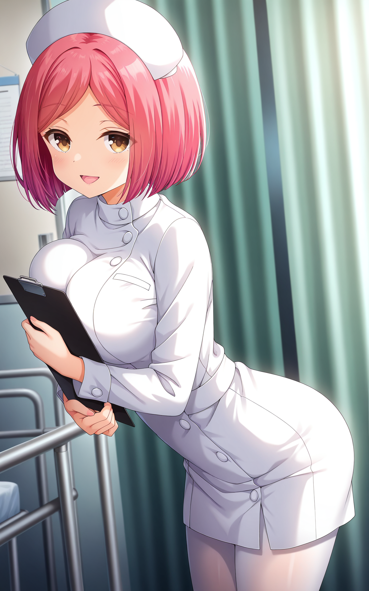 masterpiece, best quality, good quality, newest,4k, perfect lighting, cinematic, very aesthetic, official art, anime screencap, anime coloring,indoors,infirmary, 
1girl,solo,tachibana kyoko,pink hair,short hair,brown eyes,large breasts,
nurse,long sleeves,nurse cap,white pantyhose,
looking at viewer,standing,holding clipboard,hugging clipboard,breast press,seductive smile,open mouth,BREAK
<lora:ILtachibana_kyoko:1>