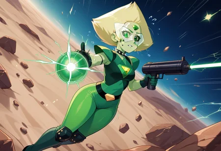 score_9,score_8_up,score_7_up,score_6_up,score_5_up,1girl, front_view,source_anime,dark green armor,/jade),WhiteMold, peridot_(steven_universe),blonde_hair,green_eyes,short hair, score_4_up,symmetrical,dark green bodysuit,jade gemstones, curvy,source_cartoon,(Peridot from Steven Universe),emerald green bracalets,spiked bracalets,black gauntlets,rocket,boots, print rhombus,rhombus_\(symbol\),sci-fi,spaceship on desert background,electric tower,floating soda cans,jade rocks,green sand,(destroyed machine),television,multicolored yellow and green helmet on hand,arm straps,print green diamond,gold belt,gemestones,spiked choker,holding green orb,(electricity), (laser gun),(gun case),(bullet belt),(orbs:1.4),(light green skin),(jewelry:1.4),pale green skin),(armored shoulders),green lights, print emerald,neon ligths,wide hips,thick thighs,(hand signs), perfect hands,knee pads,(motion lines:1.4),(sweat:1.4),(??:1.4), (trembling lines:1.4),(flying sweatdrops:1.4),(illustration),(thick outlines),(black sclera:1.4),visor,knife,mechanical tools,UFOs, masterpiece,best_quality,newest,absurdres,best shadow,light particles,highly detailed background,amazing quality,highly detailed skin,very detailed clothes,power_lines,speed lines, emphasis_lines,very_aesthetic,dynamic_angle,high quality,4k, best shadows,(spoken gem),(crystals),<lora:add-detail-xl:1.5>