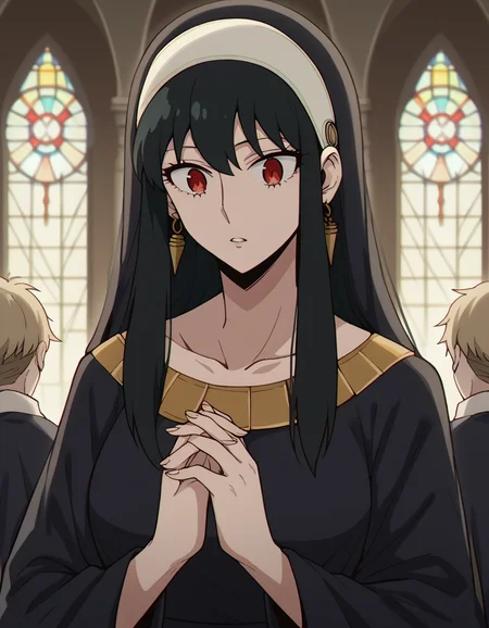 score_9, score_8_up, score_7_up, source_anime, yorbriar, <lora:yor-briar-s1-ponyxl-lora-nochekaiser:1>, yor briar, black hair, red eyes, earrings, white hairband, hairband, long hair, sidelocks, medium breasts,, <lora:buddhist-nun-ponyxl-lora-nochekaiser:1>, buddhist nun, nun, habit, vitakra mudra, mudra, coif, gold necklace, priestess,, church, parted lips, praying,, cowboy shot
