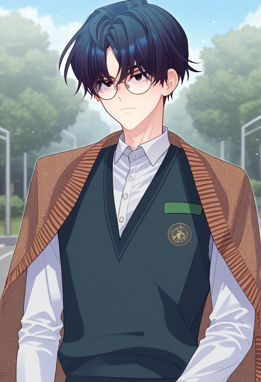 score_9, score_7_up, source_anime
joomirye, 1boy, male focus, solo, black eyes, glasses, black hair, short hair, school uniform, shirt, white shirt, collared shirt,  sweater vest, shawl, portrait
outdoor,