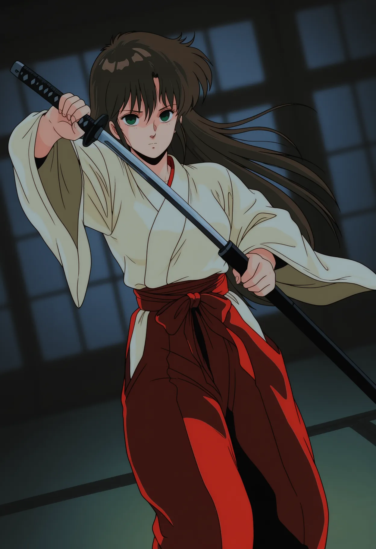 HikAzumi, 1980s (style), film grain, 1girl, solo, dutch angle, tatami, indoors, dark, portrait,
medium breasts, (blurry background:1.5), looking at viewer, fighting stance, holding katana, unsheathing,
dark brown hair, long hair, bangs, green eyes, empty eyes, expressionless, 
japanese clothes, hakama, red hakama pants, sash, sheathed, katana, large wide sleeves,
best quality,amazing quality,very aesthetic,absurdres
<lora:HikAzumi:1>