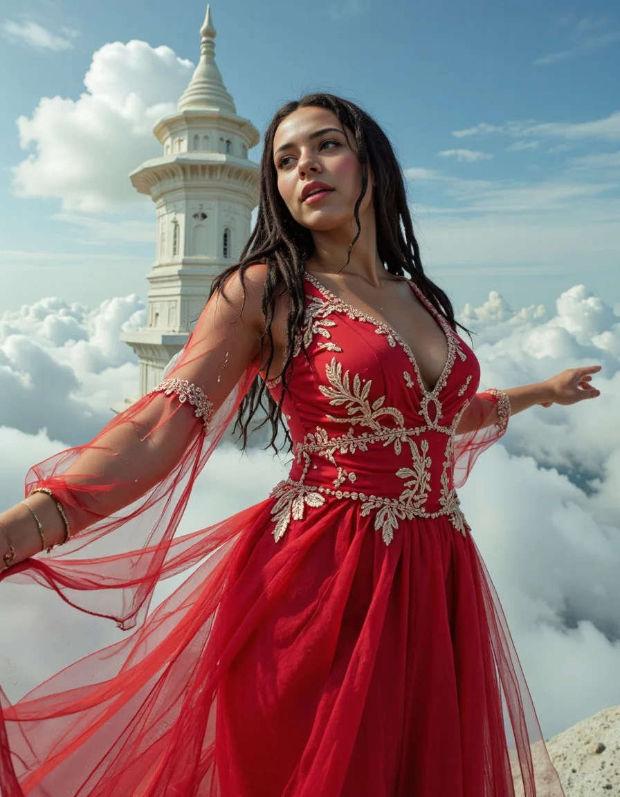 a Surprising woman,Dreadlocks,Red,dressed in an ethereal gown with sheer sleeves, lace appliqués, and a flowing skirt,angle from below,in a temple floating in the clouds,,Canon R5,broad lighting