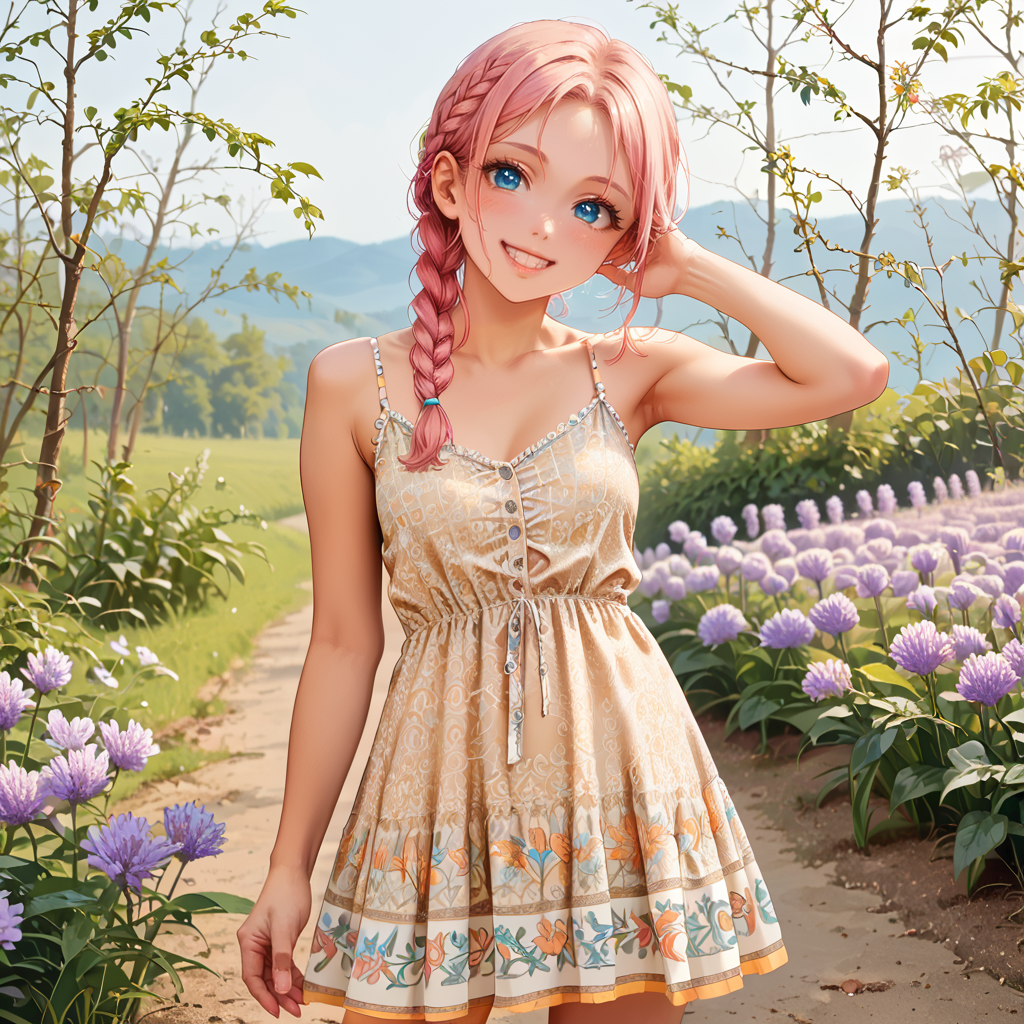 score_9, score_8_up, score_7_up,source_anime, 1woman, cowboy shot, (pale skin:0.9),  pink hair,  head tilt, photo pose,  braid, braided bangs, blue eyes, smile, medium breast, beige dress,
lavender field, depth of field,   <lora:Short_boho_dress_sleeveless:0.8>  short_boho_dress, sleeveless, button strip, drawstring, spaghetti strap